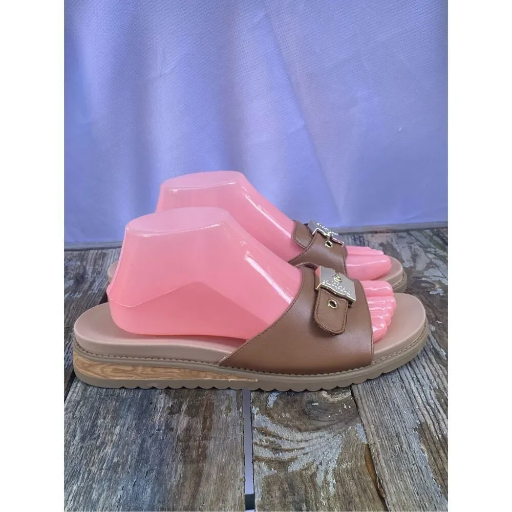 Dr. Scholl’s Island Icon Tan Slide Sandals Gold Buckle Women’s Size 8.5W